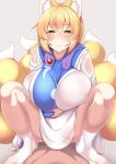  1boy 1girl animal_ear_fluff blonde_hair breasts clothed_sex covered_nipples eyebrows_visible_through_hair hetero huge_breasts inverted_nipples looking_at_viewer multiple_tails pov pov_crotch sex smile squatting_cowgirl_position tail touhou wildcat_(kusonemi) yakumo_ran yellow_eyes 