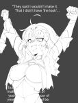  1girl absurdres ahoge arms_up chain clenched_hands commentary_request english_text fate/grand_order fate_(series) gauntlets greyscale headpiece highres jeanne_d&#039;arc_(alter)_(fate) jeanne_d&#039;arc_(fate) monochrome open_mouth parody sally_(luna-arts) teeth victory_pose 