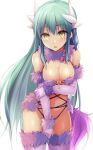 1girl animal_ears bangs bare_shoulders blush bow breasts cleavage cosplay dragon_girl dragon_horns elbow_gloves fate/grand_order fate_(series) fur-trimmed_gloves fur-trimmed_legwear fur_collar fur_trim gloves green_hair highres horns kiyohime_(fate) lace-trimmed_legwear lace_trim large_breasts long_hair looking_at_viewer mash_kyrielight mash_kyrielight_(dangerous_beast) mash_kyrielight_(dangerous_beast)_(cosplay) multiple_horns navel o-ring open_mouth purple_gloves purple_legwear purple_tail revealing_clothes sen_(astronomy) solo tail thighs wolf_ears wolf_tail yellow_eyes 