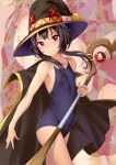  1girl bandages bare_arms bare_legs bare_shoulders black_hair blue_swimsuit blush breasts cape commentary_request competition_school_swimsuit covered_navel hat highres holding holding_staff kono_subarashii_sekai_ni_shukufuku_wo! looking_at_viewer megumin one-piece_swimsuit red_eyes school_swimsuit short_hair short_hair_with_long_locks small_breasts smile sody solo staff swimsuit swimsuit_under_clothes witch_hat 