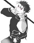  1boy armor beads bodysuit closed_mouth cu_chulainn_(fate) cu_chulainn_(fate/stay_night) earrings fate/stay_night fate_(series) gae_bolg_(fate) grin hair_beads hair_ornament hand_on_hip holding holding_polearm holding_weapon jewelry long_hair looking_at_viewer male_focus muscular muscular_male nozawa pauldrons polearm polearm_behind_back ponytail red_eyes shoulder_armor simple_background skin_tight smile solo spiked_hair weapon 