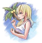  1girl bare_shoulders blonde_hair blue_eyes breasts closed_mouth crayon deco_(fj_eel) dress highres kingdom_hearts kingdom_hearts_ii long_hair namine palm_tree paopu_fruit smile solo tree white_dress 