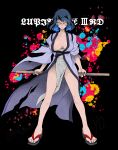  1girl black_hair blue_hair breasts collarbone colored_inner_hair commentary_request constricted_pupils copyright_name full_body genderswap genderswap_(mtf) highres ishikawa_goemon_xiii japanese_clothes kataginu kimono large_breasts long_legs looking_at_viewer lupin_iii marimo_(yousei_ranbu) multicolored_hair no_bra open_clothes open_kimono pelvic_curtain purple_kimono sandals sash short_hair solo standing toenails toes torn_clothes torn_kimono tsurime 