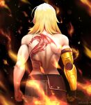  1girl back_tattoo belt blonde_hair butt_crack clenched_hands dragon_tattoo english_commentary fire from_behind hair_over_shoulder highres lulu-chan92 mechanical_arms medium_hair muscular muscular_female pants prosthesis prosthetic_arm reward_available rwby shoulder_blades single_mechanical_arm solo tattoo topless yang_xiao_long 