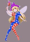  1girl american_flag_dress american_flag_legwear bangs blonde_hair clownpiece dress eyebrows_behind_hair fairy_wings full_body grey_background hat highres holding holding_torch jester_cap kakone long_hair looking_at_viewer neck_ruff open_mouth pantyhose polka_dot polka_dot_background purple_headwear red_eyes short_sleeves simple_background smile solo star_(symbol) star_print striped striped_dress striped_legwear torch touhou wings 