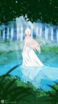  1boy aether_(genshin_impact) ahoge back blonde_hair commentary_request dress floating_hair forest genshin_impact highres holding holding_clothes holding_dress lake leaf light_rays lilylilili52488 long_hair male_focus nature sitting_on_water solo waves white_dress wind 