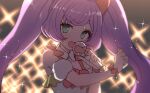  1girl :d bangs bow bowtie detached_sleeves dress green_eyes holding holding_microphone long_hair looking_at_viewer manaka_lala microphone music open_mouth pretty_(series) pripara puffy_detached_sleeves puffy_short_sleeves puffy_sleeves purple_hair red_bow red_bowtie short_sleeves singing smile solo sparkle sumiyao_(amam) sweat swept_bangs twintails white_dress wrist_bow 