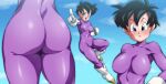  1girl :d ass black_hair blue_eyes blue_sky bodysuit boots breasts clenched_hand commission covered_navel dragon_ball dragon_ball_z from_behind gloves great_saiyaman_2 large_breasts light_blush looking_at_viewer multiple_views open_mouth pointing purple_bodysuit rom_(20) short_hair skeb_commission skin_tight sky smile videl white_footwear white_gloves 