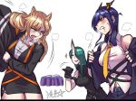  3girls animal_ears arknights bed belt belt_buckle biting black_gloves black_jacket blonde_hair blue_hair blue_jacket blush blush_stickers breasts breath buckle ch&#039;en_(arknights) clenched_teeth dragon_girl dragon_horns drooling eyebrows_visible_through_hair fang gloves green_eyes green_hair hair_over_one_eye heart heart-shaped_pupils heavy_breathing horns hoshiguma_(arknights) in_heat jacket large_breasts lip_biting long_hair motion_lines multiple_girls navel necktie one_eye_covered oni oni_horns open_mouth red_eyes round_bed ryuusei_(mark_ii) saliva shirt signature single_horn smile sweat sweatdrop swire_(arknights) symbol-shaped_pupils teeth tiger_ears tiger_girl undressing white_shirt yellow_necktie yuri 