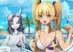  2girls :d absurdres bangs bikini black_sclera blonde_hair blue_sky blunt_bangs breasts colored_sclera colored_skin day earrings eyebrows_visible_through_hair grey_eyes grey_hair grey_skin hand_up heart heart-shaped_pupils highres horns index_finger_raised jewelry large_breasts looking_at_viewer medium_hair mole mole_on_breast multiple_girls okame_nin open_mouth original outdoors palm_tree pointy_ears purple_eyes sharp_teeth sky smile swimsuit symbol-shaped_pupils teeth tree twintails 