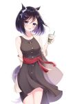  1girl :d alternate_costume animal_ears arm_behind_back bangs black_hair blue_eyes blush bob_cut breasts casual coffee_cup collarbone commentary_request cowboy_shot cup disposable_cup dress drinking_straw ear_ornament ear_ribbon eishin_flash_(umamusume) eyebrows_visible_through_hair highres holding holding_cup horse_ears horse_girl horse_tail jacket looking_at_viewer medium_breasts michizane_sgawl off_shoulder open_clothes open_jacket open_mouth round_teeth sash shiny shiny_hair short_hair simple_background sleeveless sleeveless_dress smile solo tail teeth thighs umamusume upper_teeth white_background 