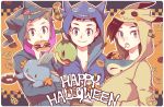  3boys alternate_costume banette banette_(cosplay) bangs brendan_(pokemon) brown_hair candy closed_mouth commentary_request cosplay cyndaquil doughnut ethan_(pokemon) food grey_eyes halloween happy_halloween holding holding_pokemon hood hood_up lollipop lucas_(pokemon) male_focus mimikyu mimikyu_(cosplay) mouth_hold mudkip multiple_boys pokemon pokemon_(creature) pokemon_(game) pokemon_dppt pokemon_hgss pokemon_oras pretzel sableye sableye_(cosplay) short_hair smile turtwig xichii zipper_pull_tab 