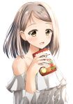  1girl 22/7 :d blush brown_eyes brown_hair dress highres hiiragi_tsubomi looking_at_viewer open_mouth silver_dress simple_background smile snack upper_body white_background yukimi_kazusa 