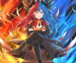  1girl bangs blue_eyes blue_fire blue_hair blue_horns bow bowtie breasts bright_pupils cleavage commission commissioner_upload crossed_arms crossed_legs dragon_girl dragon_horns dress eyebrows_visible_through_hair fire floating_hair full_body grin heterochromia highres horns inferna_dragnis jewelry large_breasts long_hair long_sleeves looking_at_viewer magic monster_girl multicolored_hair orange_eyes original pale_skin pantyhose red_hair red_horns scales sitting smile solo split-color_hair symbol-shaped_pupils throne two-tone_hair usagi1923 white_pupils 