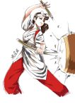  1girl absurdres black_eyes brown_hair closed_mouth drum grey_sash headband highres holding holding_stick instrument japanese_clothes kimono original pants red_pants ryuusei_(mark_ii) sash short_sleeves simple_background solo standing stick taiko_drum white_background 