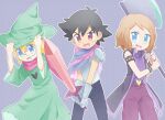  1girl 2boys :d akasaka_(qv92612) alternate_costume ash_ketchum axe bangs blonde_hair blue_eyes brown_hair capelet chinese_commentary clemont_(pokemon) coat commentary_request cosplay deltarune dress eyelashes glasses gloves green_dress green_headwear hat highres holding holding_axe holding_sword holding_weapon kris_(deltarune) kris_(deltarune)_(cosplay) mixed-language_commentary multiple_boys open_mouth pants pokemon pokemon_(anime) pokemon_xy_(anime) purple_pants purple_scarf ralsei ralsei_(cosplay) red_eyes scarf serena_(pokemon) short_hair sleeveless_coat smile susie_(deltarune) susie_(deltarune)_(cosplay) sweatdrop sword tongue weapon 