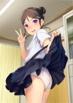  1girl ass bare_shoulders black_skirt blush brown_hair clothes_lift commentary_request double_bun lifted_by_self looking_at_viewer looking_back miniskirt open_mouth original panties purple_eyes school_uniform shirt short_sleeves skirt skirt_lift smile sody solo standing suspender_skirt suspenders underwear v white_panties white_shirt 