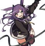  1girl absurdres animal_ears arknights black_bow black_jacket black_legwear blush bow breasts commentary cowboy_shot eyebrows_visible_through_hair hair_bow highres jacket leg_up long_hair looking_at_viewer medium_breasts open_mouth oripathy_lesion_(arknights) purple_hair rabbit_ears rope rope_(arknights) simple_background solo thighhighs vegetable_osamuta white_background 
