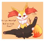  1girl absurdres anger_vein animal_ear_fluff animal_ears animal_feet animal_nose annoyed anus artist_name black_fur body_fur border braixen breasts clitoral_hood commentary english_commentary english_text engrish_commentary fangs feet fox_ears fox_girl fox_tail full_body furry furry_female highres kryztar leg_up looking_at_viewer navel open_mouth orange_background outside_border pawpads pokemon pokemon_(creature) presenting pussy pussy_juice red_eyes signature simple_background sitting small_breasts snout solo spread_legs stick stomach tail talking teeth uncensored white_border white_fur yellow_fur 