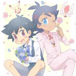  2boys :d akasaka_(qv92612) alternate_costume antenna_hair ash_ketchum bangs black_hair blue_eyes blue_flower bouquet buttons chibi chibi_inset cinderace closed_mouth collared_shirt commentary_request crossed_legs eyelashes flower goh_(pokemon) grey_shorts holding holding_bouquet holding_flower jacket knees long_sleeves male_focus multiple_boys neck_ribbon one_eye_closed open_mouth pants petals pikachu pink_jacket pink_pants pink_shirt pokemon pokemon_(anime) pokemon_swsh_(anime) red_ribbon ribbon shirt short_hair shorts smile tongue vest white_flower white_shirt 