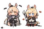  2girls :3 alternate_costume animal_ears arknights armor ascot aunt_and_niece bat black_bow black_cape black_cloak black_legwear blemishine_(arknights) blonde_hair blue_eyes bow cape cloak commentary_request extra_ears eyebrows_visible_through_hair fur-trimmed_cloak fur_trim hair_bow hair_ornament hairclip holding holding_staff holding_weapon holding_whip horse_ears horse_girl horse_tail kyou_039 long_hair looking_at_viewer multiple_girls plaid plaid_skirt planted planted_sword pleated_skirt simple_background skirt staff straight-on sword tail thick_eyebrows weapon whip whislash_(arknights) white_ascot white_background white_skirt yellow_eyes 