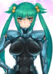  1girl abs absurdres bangs bell breasts commentary covered_navel covered_nipples cui_yifei eyebrows_visible_through_hair fortified_suit green_eyes green_hair hair_bell hair_ornament hand_on_hip highres long_hair medium_breasts muvluv muvluv_alternative muvluv_total_eclipse nanabankarasu pilot_suit science_fiction skin_tight smile solo twintails upper_body v-shaped_eyebrows very_long_hair 
