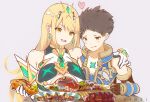  1boy 1girl arm_around_shoulder bangs blonde_hair breasts brown_hair chest_jewel cleavage cleavage_cutout clothing_cutout detached_sleeves earrings food gem gloves headpiece heart highres jewelry large_breasts linzi mythra_(xenoblade) open_mouth plate rex_(xenoblade) sandwich smile swept_bangs tiara white_gloves xenoblade_chronicles_(series) xenoblade_chronicles_2 yellow_eyes 