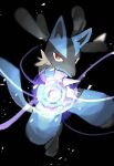  anzu_(01010611) black_background closed_mouth energy floating full_body looking_at_viewer lucario no_humans pokemon pokemon_(creature) red_eyes simple_background sparkle 