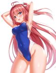  1girl ahoge ao_no_kanata_no_four_rhythm armpits arms_behind_head arms_up ass_visible_through_thighs blue_eyes blue_swimsuit blush breasts cameltoe commentary_request competition_swimsuit covered_navel covered_nipples groin highleg highleg_swimsuit highres kurashina_asuka long_hair looking_at_viewer one-piece_swimsuit open_mouth pink_hair side_ponytail simple_background smile solo swimsuit thighs very_long_hair wet wet_clothes wet_swimsuit white_background zirba 