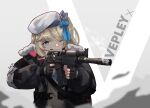  1girl aiming beret black_gloves black_jacket blonde_hair blue_bow blue_eyes bow commentary commission english_commentary finger_on_trigger fingerless_gloves gar32 girls&#039;_frontline girls&#039;_frontline_2:_exilium gloves grey_shirt gun hair_bow hat heart highres holding holding_gun holding_weapon jacket one_eye_closed one_side_up open_clothes open_jacket shell_casing shirt solo upper_body vepley_(girls&#039;_frontline_2) vepr-12 weapon white_headwear 