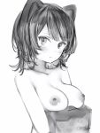  1girl animal_ears breast_rest breasts carried_breast_rest carrying closed_mouth completely_nude greyscale highres inui_toko large_breasts looking_at_viewer medium_hair monochrome nanashi_(nlo) nijisanji nipples nude simple_background solo upper_body virtual_youtuber white_background 