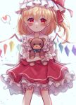  1girl bangs blonde_hair blue_bow blush bow commentary_request crystal dorowa_(drawerslove) eyebrows_visible_through_hair flandre_scarlet frilled_shirt_collar frilled_skirt frills hair_between_eyes hat hat_ribbon heart highres holding holding_stuffed_toy knees looking_at_viewer mob_cap open_mouth puffy_short_sleeves puffy_sleeves red_eyes red_ribbon red_skirt red_vest ribbon shirt short_sleeves side_ponytail simple_background skirt solo spoken_heart standing stuffed_animal stuffed_toy teddy_bear touhou vest white_background white_shirt wings 