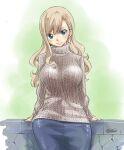  1girl bangs blonde_hair blue_eyes breasts brown_sweater denim denim_skirt eden&#039;s_zero fence hair_between_eyes jewelry large_breasts leaning_back long_hair looking_at_viewer mashima_hiro necklace official_art rebecca_bluegarden signature skirt smile solo sweater turtleneck turtleneck_sweater 