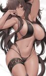  1girl arm_behind_head arm_up armpits bangs bed_sheet breasts brown_hair commentary cowboy_shot dakimakura_(medium) dark-skinned_female dark_skin english_commentary eyebrows_visible_through_hair highres large_breasts long_hair looking_at_viewer lying navel on_back original red_eyes solo tail toned tony_guisado very_long_hair 