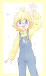  1boy :d ahoge akasaka_(qv92612) alternate_costume arm_up bangs blonde_hair blue_eyes border clemont_(pokemon) commentary_request eyebrows_visible_through_hair glasses grey_overalls highres long_sleeves male_focus medium_hair open_mouth overalls pokemon pokemon_(game) pokemon_xy smile solo sparkle sweater tongue yellow_border yellow_sweater 