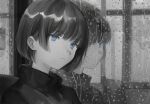  1girl bangs black_hair black_sweater blue_eyes bob_cut chair closed_mouth different_reflection dm_owr eyebrows_visible_through_hair greyscale highres indoors monochrome original rain reflection short_hair sitting solo spot_color sweater upper_body window 