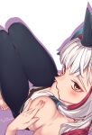  1girl bangs black_legwear blush breasts covering covering_breasts fate/grand_order fate_(series) highres horns kiichi_hougen_(fate) large_breasts long_hair looking_at_viewer mitsurugi_sugar orange_eyes pointy_ears sidelocks solo tassel thighs topless very_long_hair white_hair 