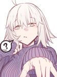  1girl ? ahoge bangs breasts fate/grand_order fate_(series) grey_sweater highres jeanne_d&#039;arc_(alter)_(fate) jeanne_d&#039;arc_(fate) large_breasts long_sleeves looking_at_viewer mitsurugi_sugar purple_sweater ribbed_sweater short_hair silver_hair solo spoken_question_mark sweater turtleneck turtleneck_sweater yellow_eyes 