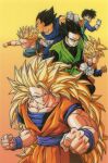  1990s_(style) 1girl 5boys black_eyes black_hair blonde_hair blue_eyes brothers dougi dragon_ball dragon_ball_z father_and_son gloves gradient gradient_background great_saiyaman_2 grin long_sleeves looking_at_viewer multiple_boys muscular muscular_male no_eyebrows official_art retro_artstyle saiyan scan serious siblings single_bang sleeveless smile son_gohan son_goku son_goten spiked_hair super_saiyan super_saiyan_1 super_saiyan_3 trunks_(dragon_ball) vegeta videl white_gloves 