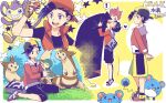  2boys aipom backwards_hat bag bag_removed baseball_cap black_pants capri_pants commentary_request cyndaquil ethan_(pokemon) furret grass hat heart jacket lance_(pokemon) long_sleeves male_focus marill multiple_boys multiple_views own_hands_together pants pokemon pokemon_(creature) pokemon_(game) pokemon_hgss shirt shoes shorts spoken_heart star_(symbol) xichii yaoi yellow_shorts zipper_pull_tab 