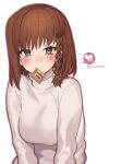  1girl bangs braid breasts brown_hair charlotte_corday_(fate) condom condom_in_mouth fate/grand_order fate_(series) green_eyes highres large_breasts long_sleeves looking_at_viewer mitsurugi_sugar mouth_hold short_hair side_braid solo sweater white_sweater 