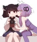  2girls biting brown_hair cheek_biting closed_mouth dress hair_over_shoulder handheld_game_console holding holding_handheld_game_console knees_together_feet_apart long_hair long_sleeves looking_at_viewer medium_hair multiple_girls nintendo_switch obi profile purple_dress purple_eyes purple_hair purple_legwear purple_skirt red_sash sash simple_background sitting skirt smile strapless strapless_dress sumiyao_(amam) tears thighhighs touhoku_kiritan tube_top twintails voiceroid white_background yuzuki_yukari 