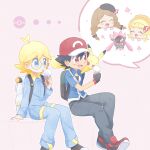  2boys 2girls akasaka_(qv92612) arm_support ash_ketchum backpack bag bangs baseball_cap black_hair blonde_hair blue_eyes blue_jacket blue_jumpsuit bonnie_(pokemon) clemont_(pokemon) commentary_request diancie fingerless_gloves food glasses gloves hat highres holding ice_cream ice_cream_cone jacket jumpsuit licking long_sleeves multiple_boys multiple_girls open_mouth pants pikachu poke_ball_symbol pokemon pokemon_(anime) pokemon_(creature) pokemon_xy_(anime) red_eyes red_headwear serena_(pokemon) shoes short_hair short_sleeves sitting smile tongue tongue_out white_bag 