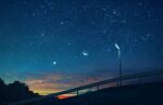  artist_name commentary_request crescent_moon guard_rail lamppost mks moon night night_sky no_humans original outdoors scenery sky star_(sky) starry_sky sunset 