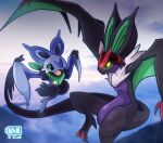  bat battery_indicator closed_mouth commentary_request day evolutionary_line eyelashes fang flying green_eyes highres nikkado no_humans noibat noivern open_mouth outdoors pokemon pokemon_(creature) tongue 