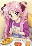  1girl alternate_costume alternate_hair_color apron bangs black_ribbon blush chair cup eyebrows_visible_through_hair food hair_ribbon highres hiiragi_kagami hotaru_iori ichimi_renge index_fingers_together long_hair looking_at_viewer lucky_star parted_lips pink_hair pink_sweater placemat plate purple_eyes ribbon smoke solo sweater table twintails very_long_hair 
