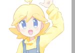  1boy :d ahoge akasaka_(qv92612) alternate_costume arm_up bangs blonde_hair clemont_(pokemon) commentary_request eyebrows_visible_through_hair grey_eyes grey_overalls looking_at_viewer male_focus medium_hair open_mouth overalls pokemon pokemon_(game) pokemon_xy smile solo sweater tongue yellow_sweater 