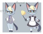  1boy :&lt; alternate_costume animal_crossing animal_ears animal_feet animal_hands animal_nose apron bangs barefoot black-framed_eyewear black_dress blonde_hair blue_fur blue_necktie body_fur border bottomless buttons cat_boy cat_ears cat_tail character_name closed_mouth collared_shirt commentary crossdressing cup dress drink duster english_commentary english_text formal frilled_apron frilled_dress frills full_body furry furry_male glasses green_eyes grey_background grey_fur grey_vest hand_up happy heterochromia highres holding holding_cup holding_duster kryztar leg_up looking_at_viewer maid maid_apron male_focus mug multiple_views necktie open_mouth orange_eyes outside_border outstretched_arms paw_print pawpads pocket raymond_(animal_crossing) shirt short_hair short_sleeves simple_background smile standing standing_on_one_leg steam swept_bangs tail talking translated vest white_apron white_border white_fur white_shirt 