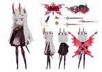  1girl absurdres bow bowtie butterfly_wings cape character_name character_sheet colored_skin commentary evil_(okame_nin) fewer_digits hand_on_hip highres horns long_hair looking_at_viewer multiple_horns multiple_views no_feet okame_nin original pantyhose red_bow red_bowtie red_cape red_eyes red_legwear red_wings simple_background sword weapon white_background white_hair white_skin wings 