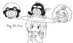  1girl animal_on_head crossover diamon_arga drooling english_commentary english_text eyebrows_visible_through_hair finger_to_mouth hair_ribbon medium_hair middle_finger monochrome moriya_suwako on_head pokemon pokemon_(creature) pokemon_on_head politoed poliwag poliwrath pyonta ribbon simple_background solid_oval_eyes thinking thought_bubble tongue tongue_out touhou twitter_username upper_body white_background 
